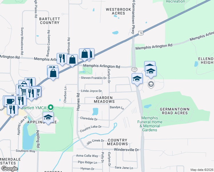 map of restaurants, bars, coffee shops, grocery stores, and more near 3893 Earlynn Drive in Bartlett