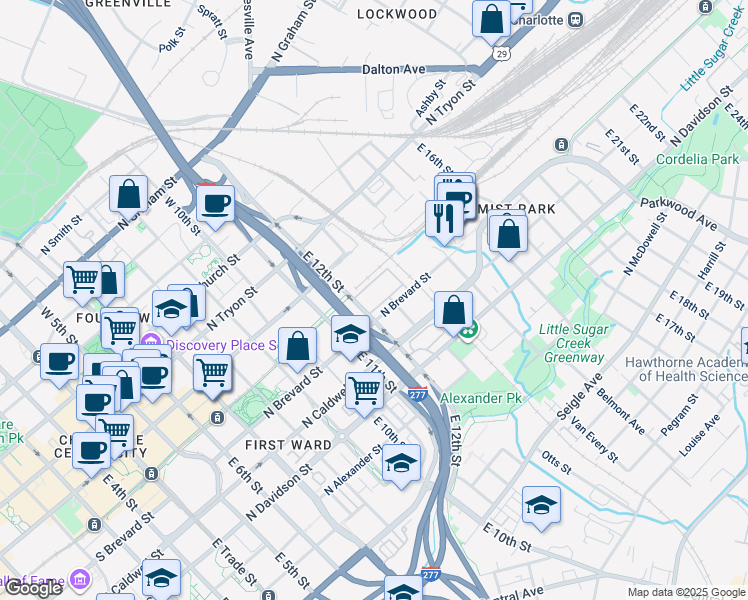 map of restaurants, bars, coffee shops, grocery stores, and more near 220 Alpha Mill Lane in Charlotte