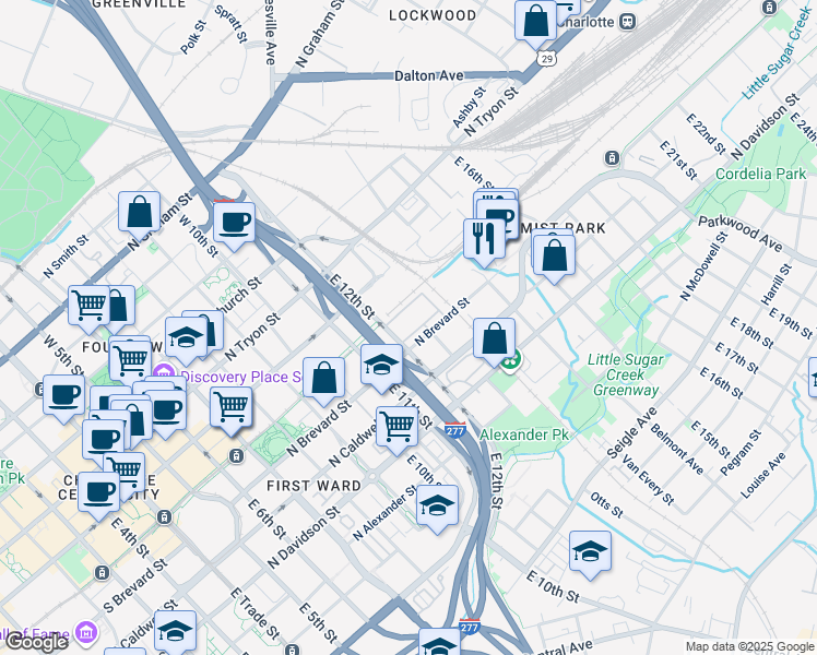map of restaurants, bars, coffee shops, grocery stores, and more near 210 Alpha Mill Lane in Charlotte