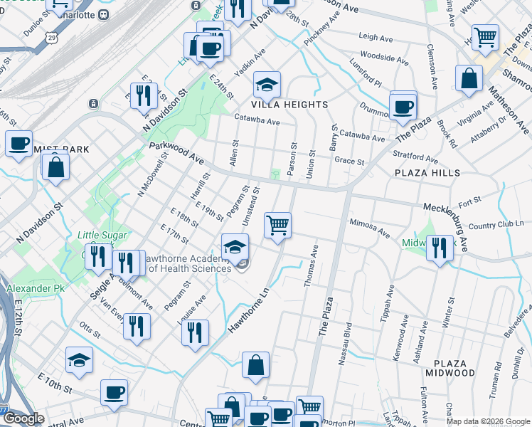 map of restaurants, bars, coffee shops, grocery stores, and more near 1717 Parson Street in Charlotte