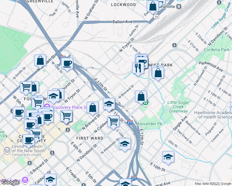 map of restaurants, bars, coffee shops, grocery stores, and more near 918 North College Street in Charlotte