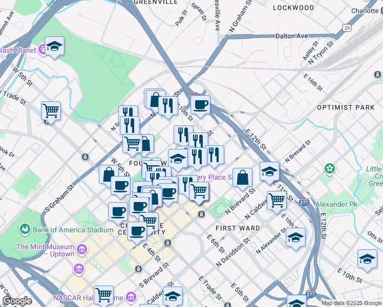 map of restaurants, bars, coffee shops, grocery stores, and more near 515 North Church Street in Charlotte