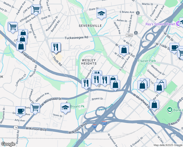 map of restaurants, bars, coffee shops, grocery stores, and more near 709 Woodruff Place in Charlotte