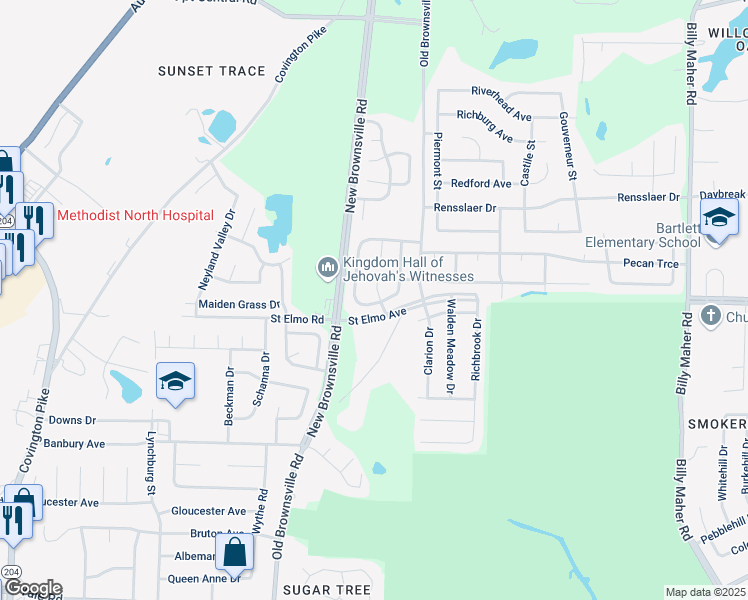 map of restaurants, bars, coffee shops, grocery stores, and more near 3894 Moss Bank Cove in Bartlett