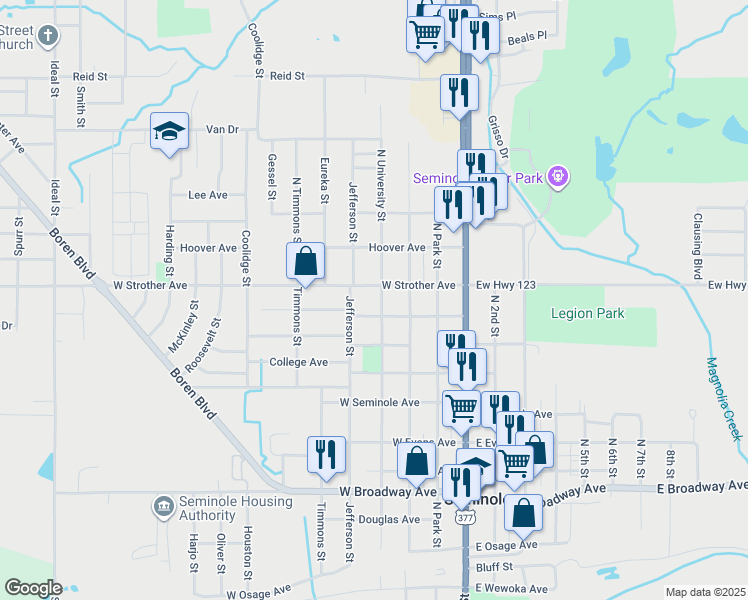 map of restaurants, bars, coffee shops, grocery stores, and more near 401-499 West Strother Avenue in Seminole