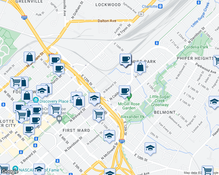 map of restaurants, bars, coffee shops, grocery stores, and more near in Charlotte