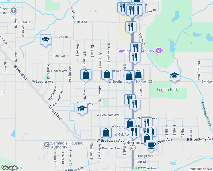 map of restaurants, bars, coffee shops, grocery stores, and more near 401-499 West Strother Avenue in Seminole
