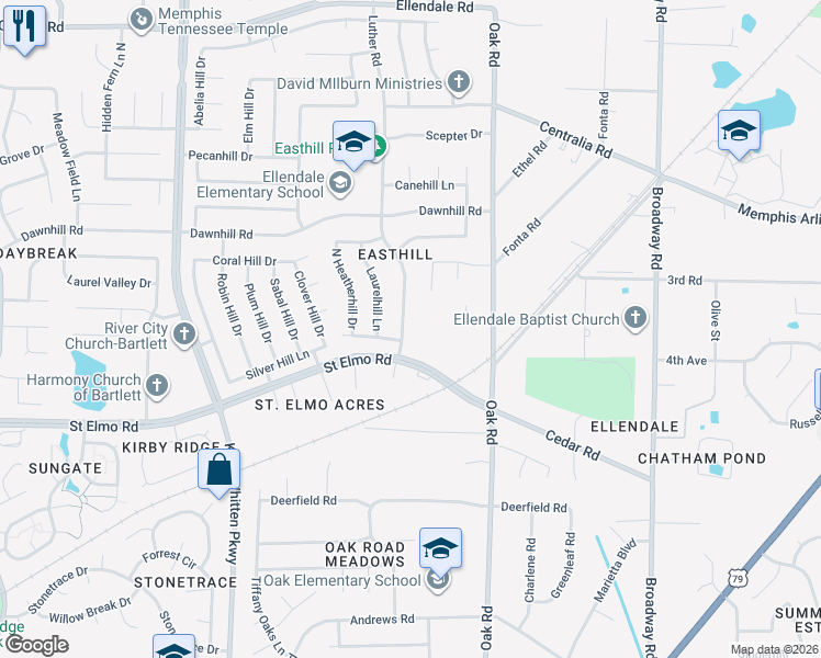 map of restaurants, bars, coffee shops, grocery stores, and more near 3892 Luther Road in Bartlett