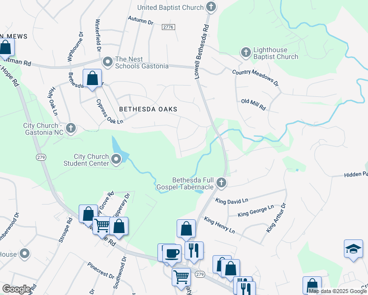 map of restaurants, bars, coffee shops, grocery stores, and more near 3406 Southern Red Oak Lane in Gastonia