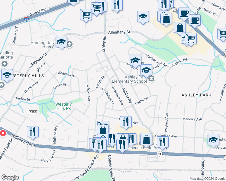 map of restaurants, bars, coffee shops, grocery stores, and more near 2314 Heywood Avenue in Charlotte