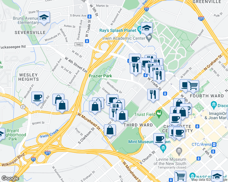 map of restaurants, bars, coffee shops, grocery stores, and more near 912 Westbrook Drive in Charlotte