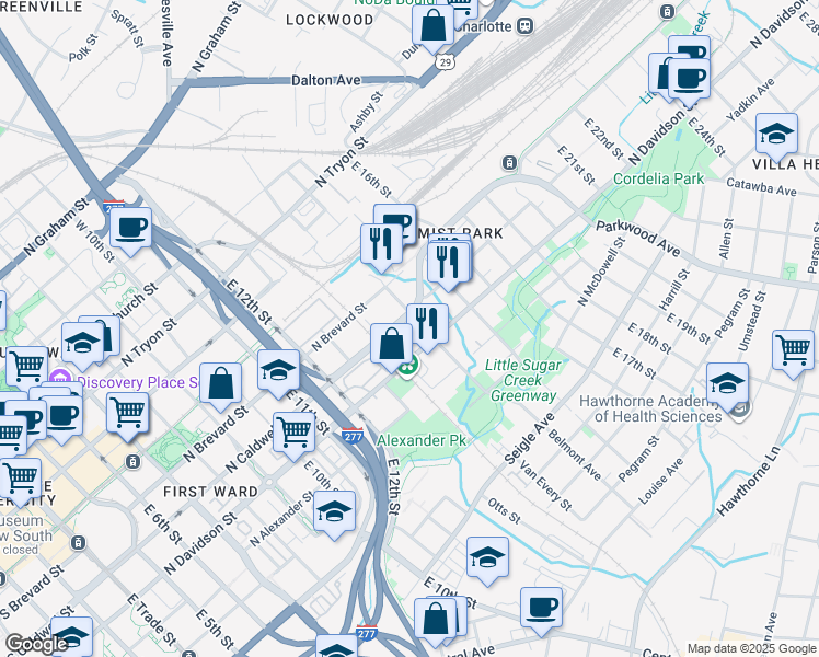 map of restaurants, bars, coffee shops, grocery stores, and more near 414 Belmont Avenue in Charlotte