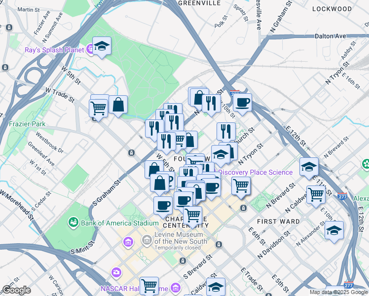 map of restaurants, bars, coffee shops, grocery stores, and more near in Charlotte
