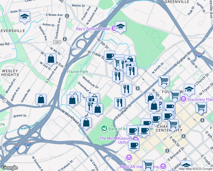 map of restaurants, bars, coffee shops, grocery stores, and more near 228 South Clarkson Street in Charlotte