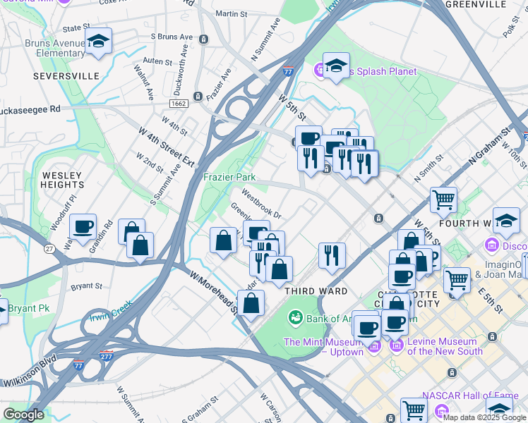 map of restaurants, bars, coffee shops, grocery stores, and more near 912 Westbrook Drive in Charlotte