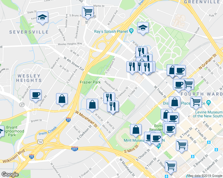 map of restaurants, bars, coffee shops, grocery stores, and more near 914 Westbrook Drive in Charlotte