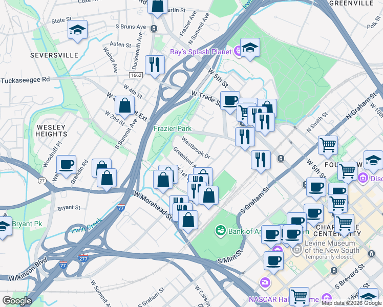 map of restaurants, bars, coffee shops, grocery stores, and more near in Charlotte
