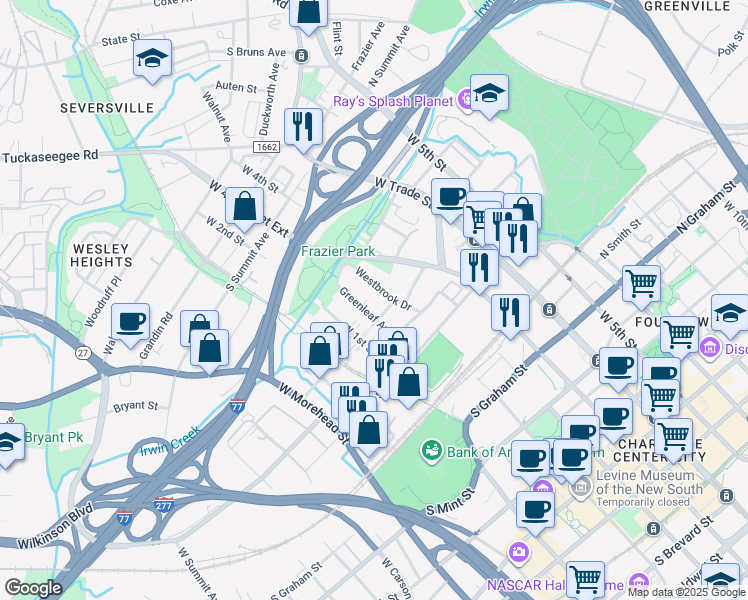 map of restaurants, bars, coffee shops, grocery stores, and more near 1104 Greenleaf Avenue in Charlotte