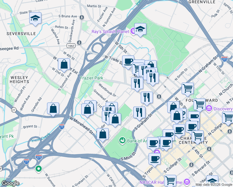 map of restaurants, bars, coffee shops, grocery stores, and more near in Charlotte