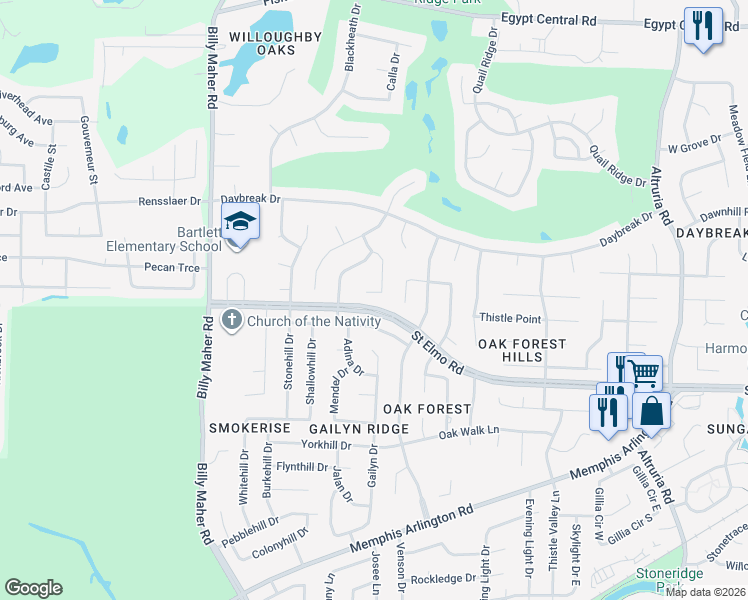 map of restaurants, bars, coffee shops, grocery stores, and more near 6153 Tamara Cove in Bartlett