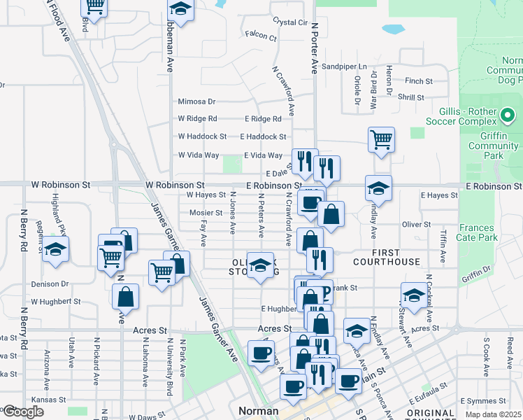 map of restaurants, bars, coffee shops, grocery stores, and more near 1217 North Peters Avenue in Norman
