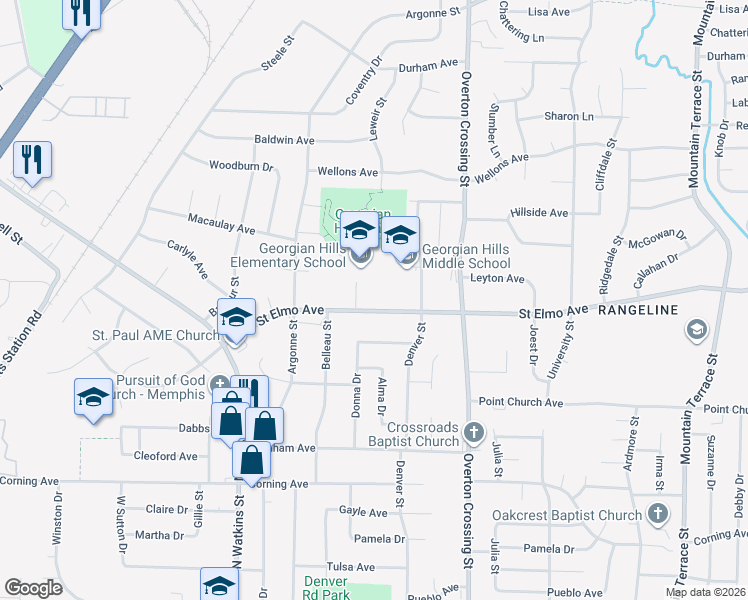 map of restaurants, bars, coffee shops, grocery stores, and more near 1992 Saint Elmo Avenue in Memphis