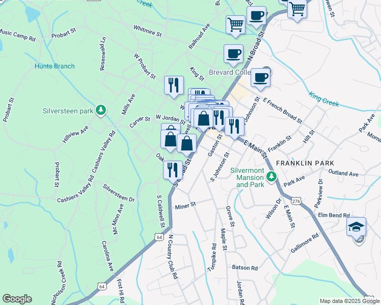 map of restaurants, bars, coffee shops, grocery stores, and more near 150 South Broad Street in Brevard