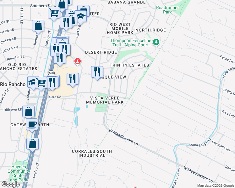 map of restaurants, bars, coffee shops, grocery stores, and more near 1429 Tiffany Lane Southeast in Rio Rancho