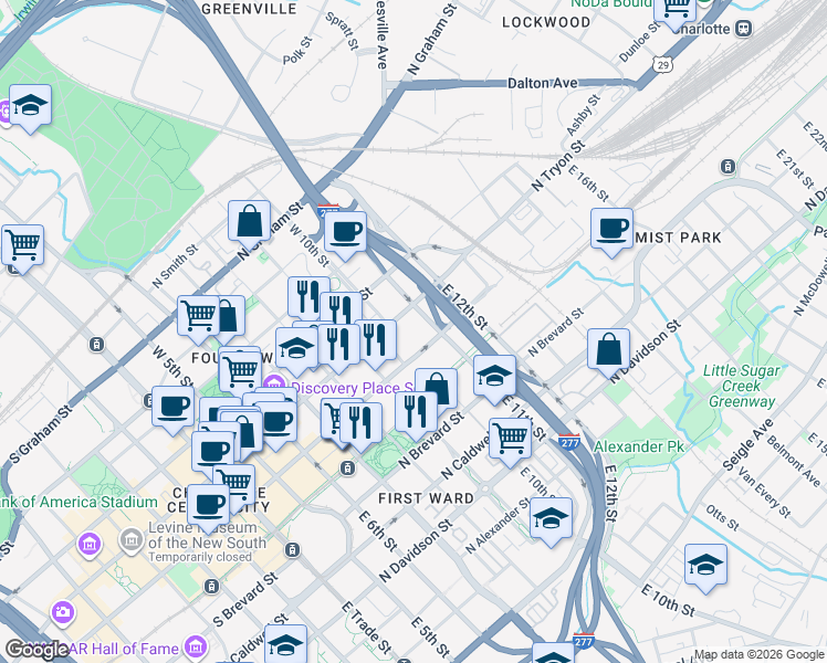 map of restaurants, bars, coffee shops, grocery stores, and more near 700 North Tryon Street in Charlotte