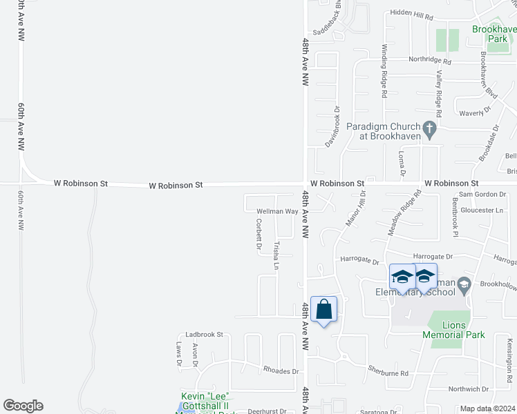 map of restaurants, bars, coffee shops, grocery stores, and more near 4913 Wellman Way in Norman