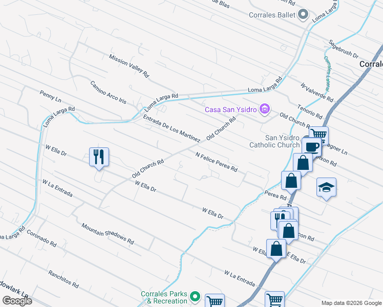 map of restaurants, bars, coffee shops, grocery stores, and more near 540 Old Church Road in Corrales