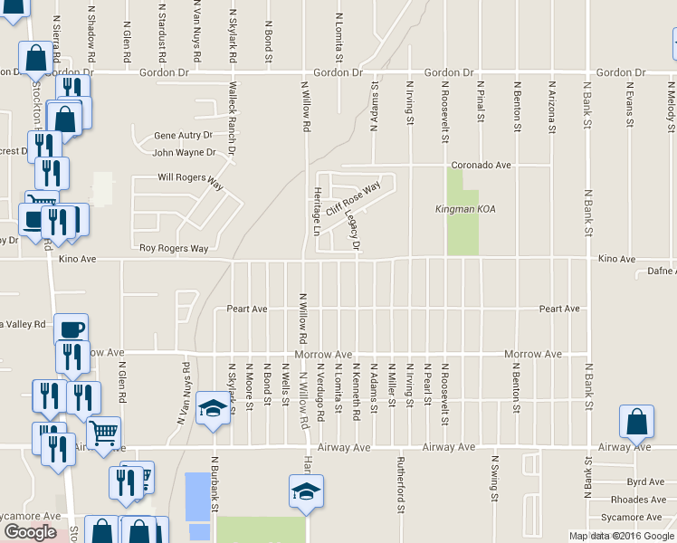 map of restaurants, bars, coffee shops, grocery stores, and more near 3741 North Lomita Street in Kingman