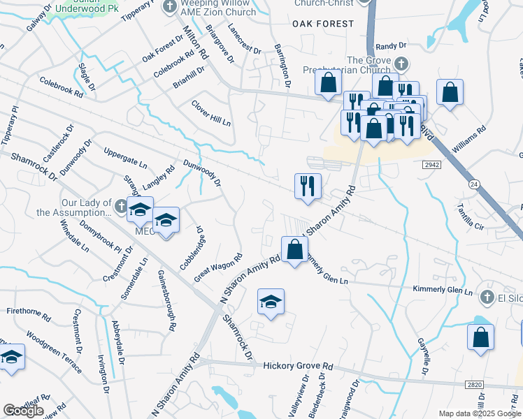 map of restaurants, bars, coffee shops, grocery stores, and more near 4416 Sharon Chase Drive in Charlotte