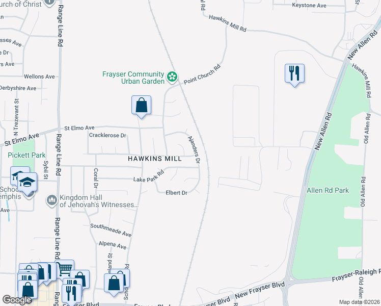 map of restaurants, bars, coffee shops, grocery stores, and more near 2976 Gruber Drive in Memphis