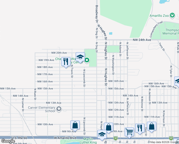 map of restaurants, bars, coffee shops, grocery stores, and more near 1324 Northwest 17th Avenue in Amarillo