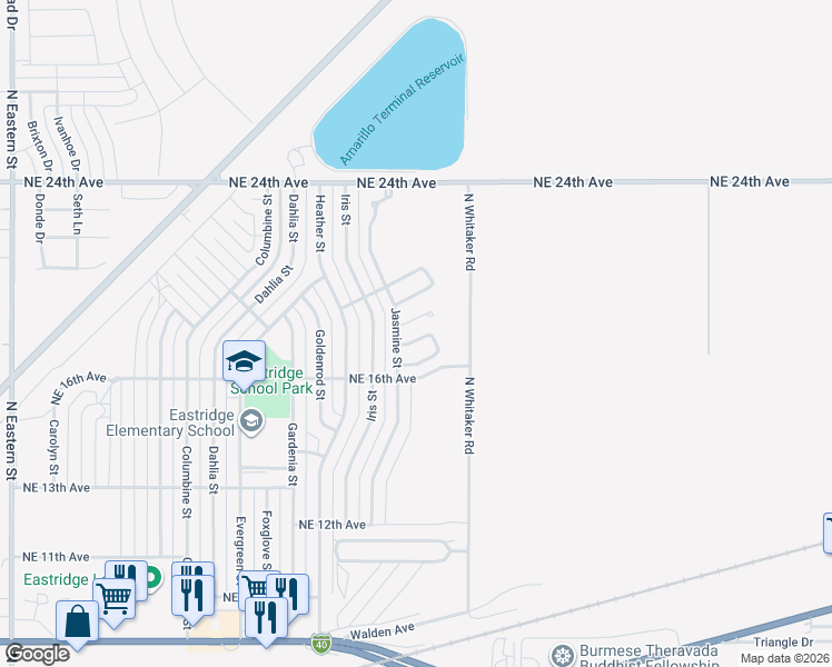 map of restaurants, bars, coffee shops, grocery stores, and more near 6712 Blissful Ln in Amarillo