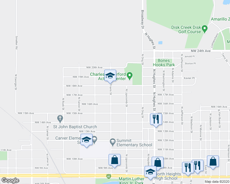map of restaurants, bars, coffee shops, grocery stores, and more near 1712 North Travis Street in Amarillo