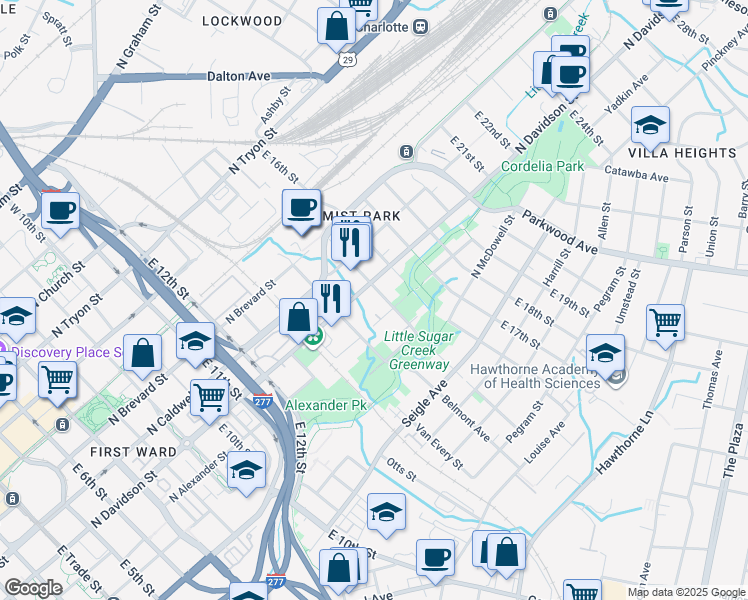 map of restaurants, bars, coffee shops, grocery stores, and more near 1200 North Davidson Street in Charlotte