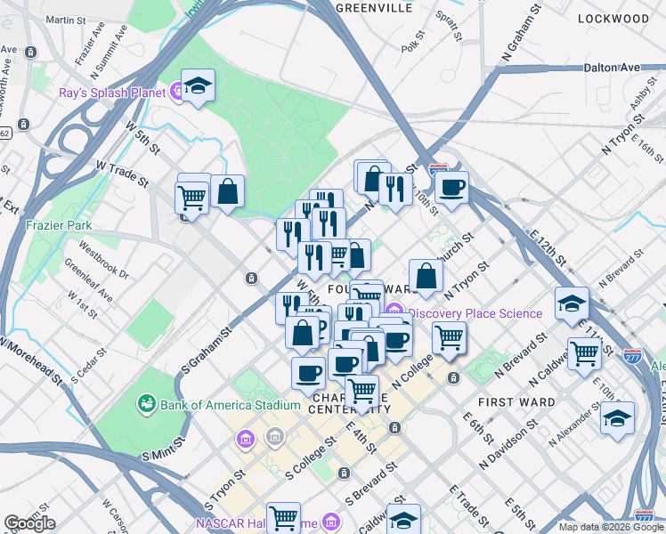 map of restaurants, bars, coffee shops, grocery stores, and more near in Charlotte