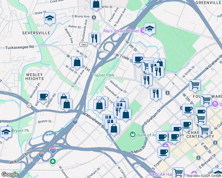 map of restaurants, bars, coffee shops, grocery stores, and more near in Charlotte