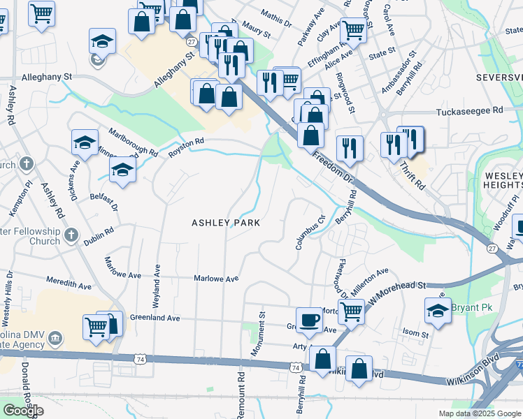 map of restaurants, bars, coffee shops, grocery stores, and more near 1862 Garibaldi Avenue in Charlotte