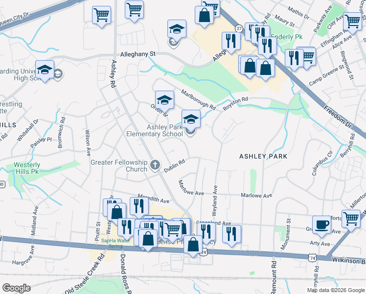 map of restaurants, bars, coffee shops, grocery stores, and more near 2401 Belfast Drive in Charlotte