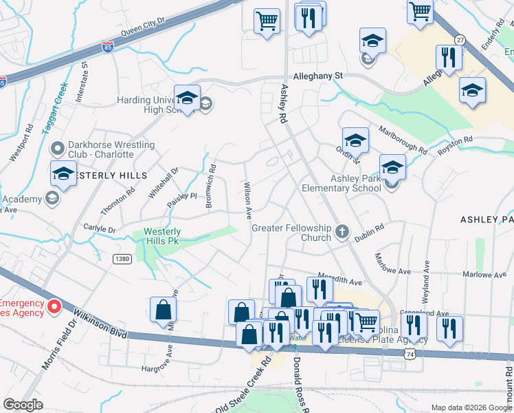 map of restaurants, bars, coffee shops, grocery stores, and more near 2120 Wilson Avenue in Charlotte