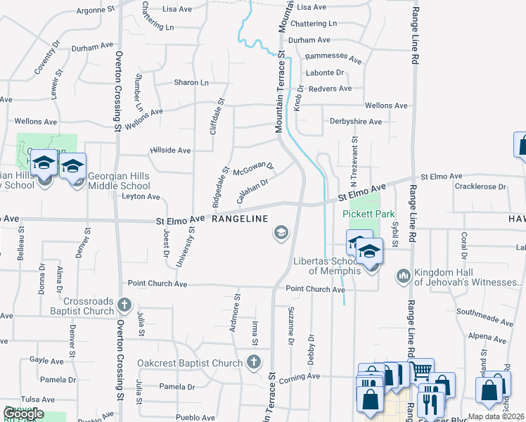 map of restaurants, bars, coffee shops, grocery stores, and more near 2362 Saint Elmo Avenue in Memphis