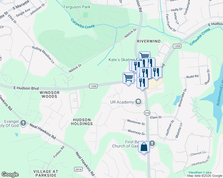 map of restaurants, bars, coffee shops, grocery stores, and more near 573 Tryon Place in Gastonia