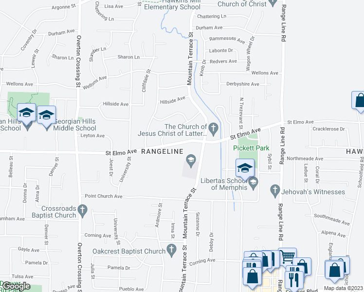 map of restaurants, bars, coffee shops, grocery stores, and more near 2383 Saint Elmo Avenue in Memphis