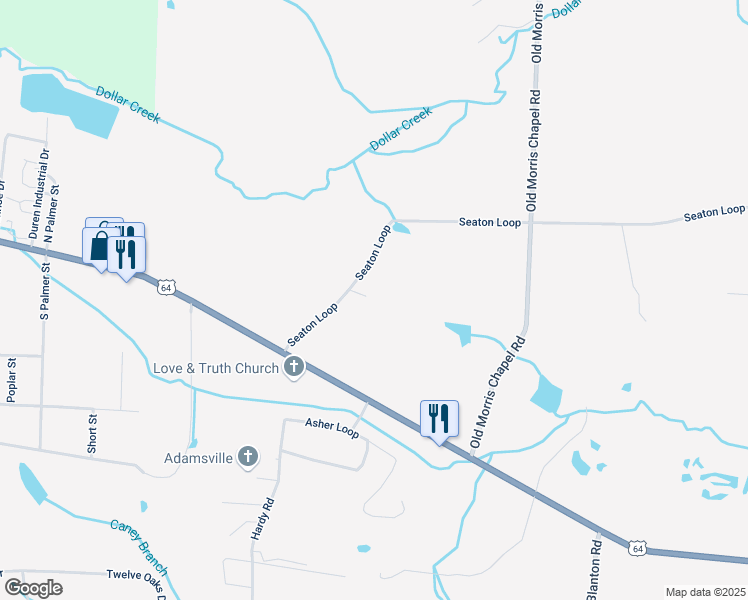 map of restaurants, bars, coffee shops, grocery stores, and more near 2335 Seaton Loop in Adamsville