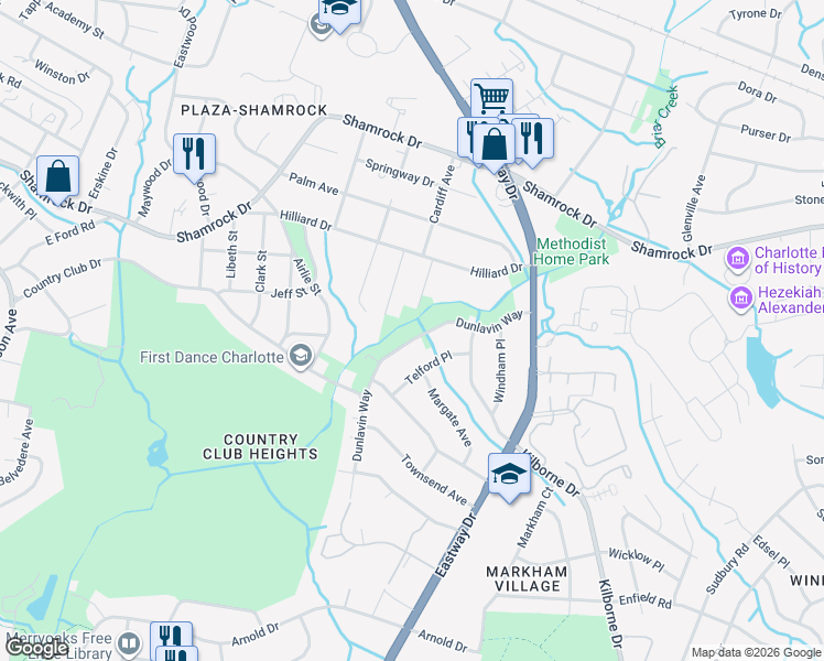 map of restaurants, bars, coffee shops, grocery stores, and more near 2959 Dunlavin Way in Charlotte