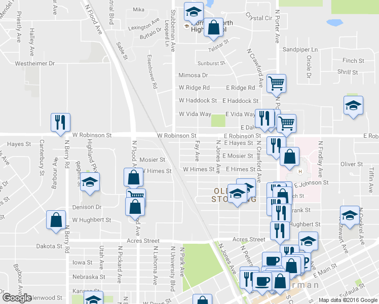 map of restaurants, bars, coffee shops, grocery stores, and more near 223 West Mosier Street in Norman