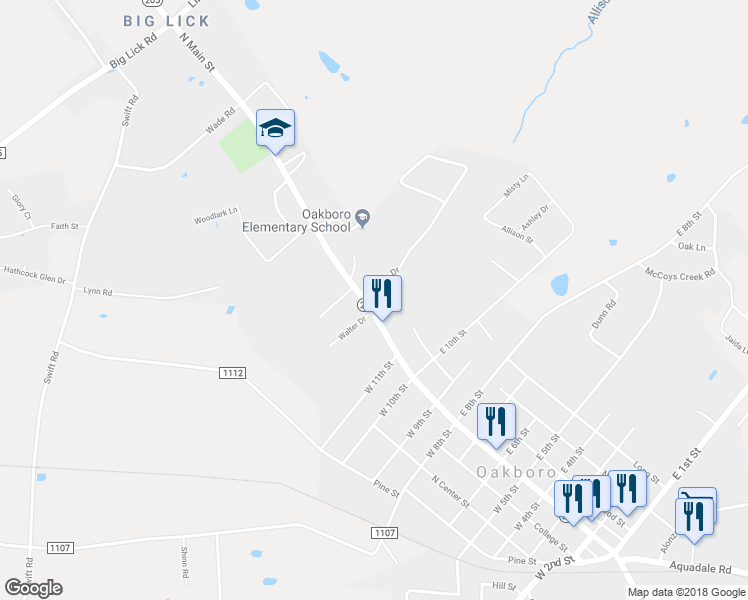 map of restaurants, bars, coffee shops, grocery stores, and more near 1160 North Carolina 205 in Oakboro